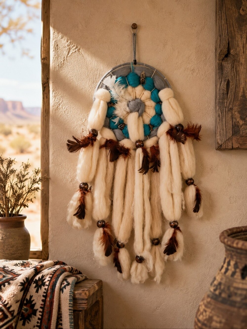 Vintage wool Native American Handmade Dream Catcher with feathers and wood beads